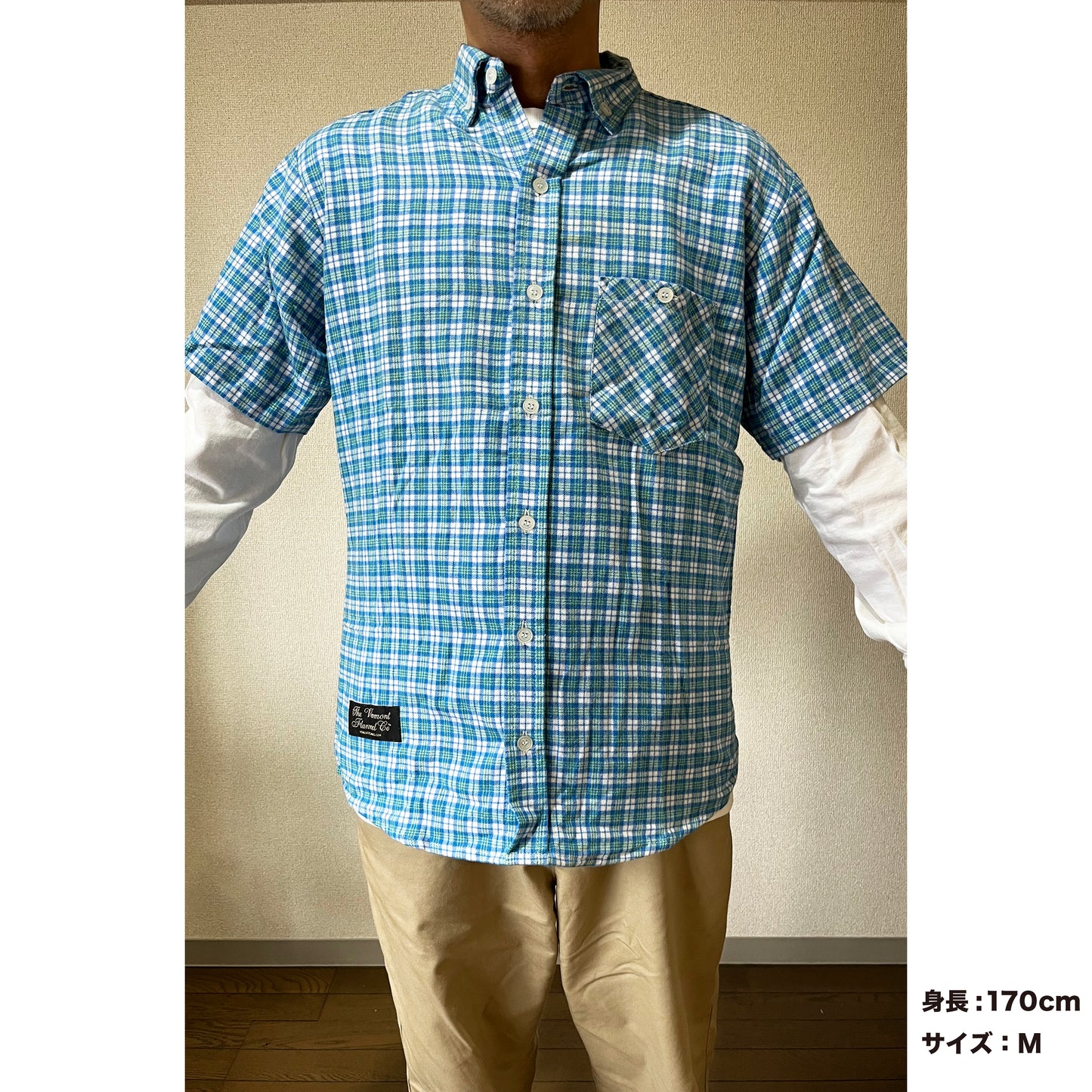 VINYL7 RECORDS VERMONT FLANNEL Fitted Short Sleeve Shirt / Blue