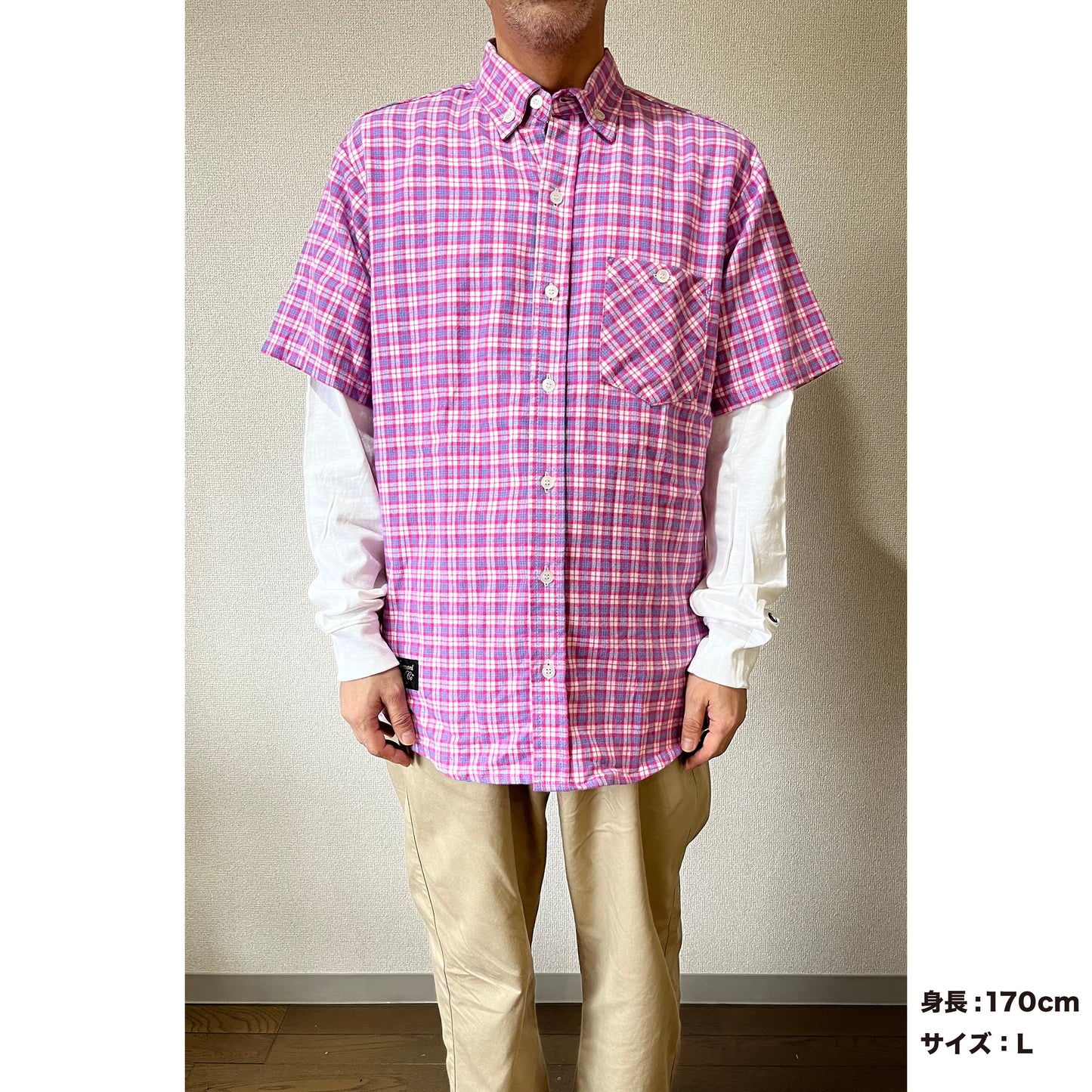 VINYL7 RECORDS VERMONT FLANNEL Fitted Short Sleeve Shirt / Pink