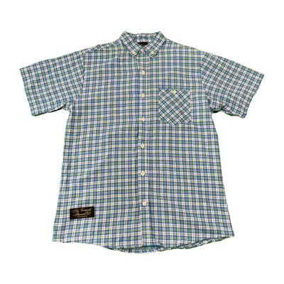 VINYL7 RECORDS VERMONT FLANNEL Fitted Short Sleeve Shirt / Blue